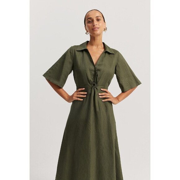 Country Road Womens Dress Size 14 Olive Cut Out Midi Elasticized Waist Collared - Picture 6 of 8